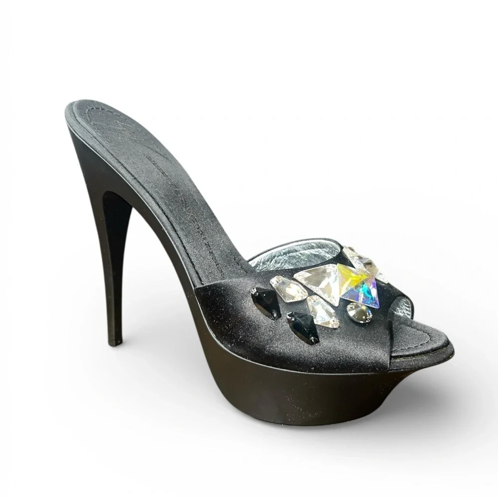 Giuseppe Zanotti Dea Black Satin Jeweled Platform Mules Size 40 New in Box